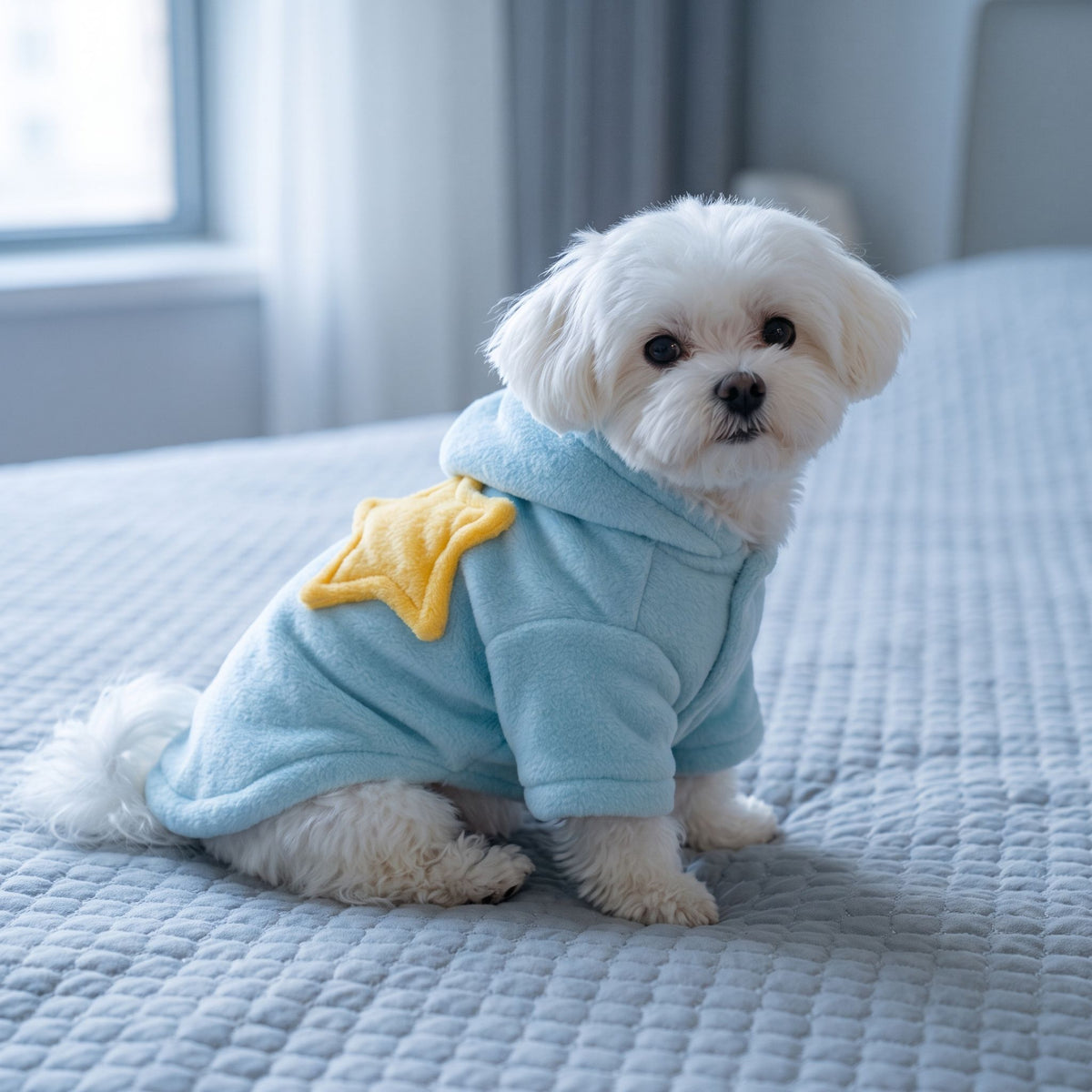 Small white Maltese puppy wearing light blue flannel pet nightgown with yellow star, sitting on a textured grey quilted bedspread.