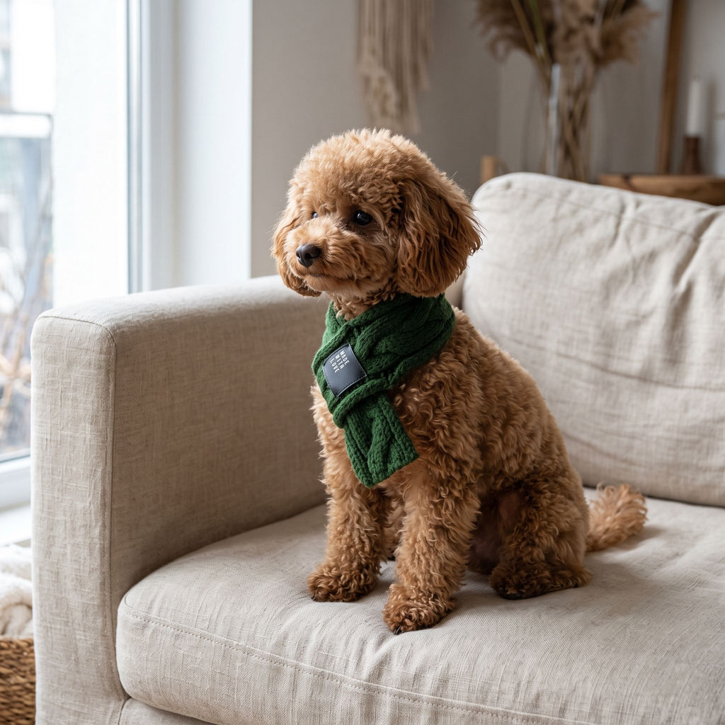 Small puppy sitting on beige sofa wearing a knit scarf in a cozy home setting with soft natural light.