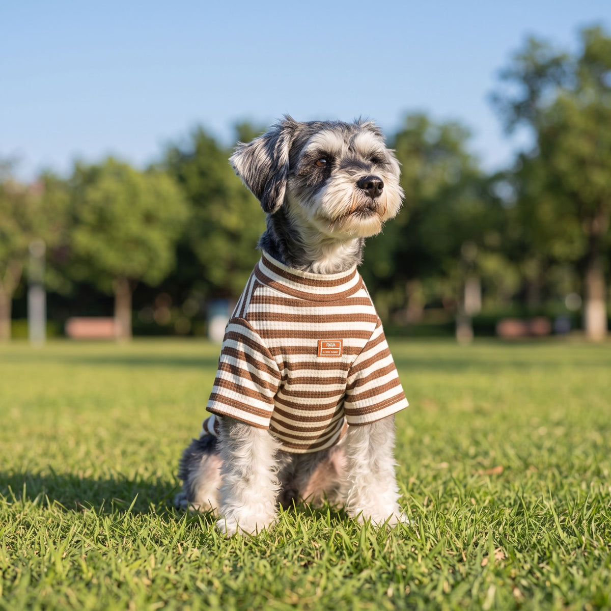 Schnauzer in brown and white striped lightweight shirt sitting on grassy area in park with green trees.