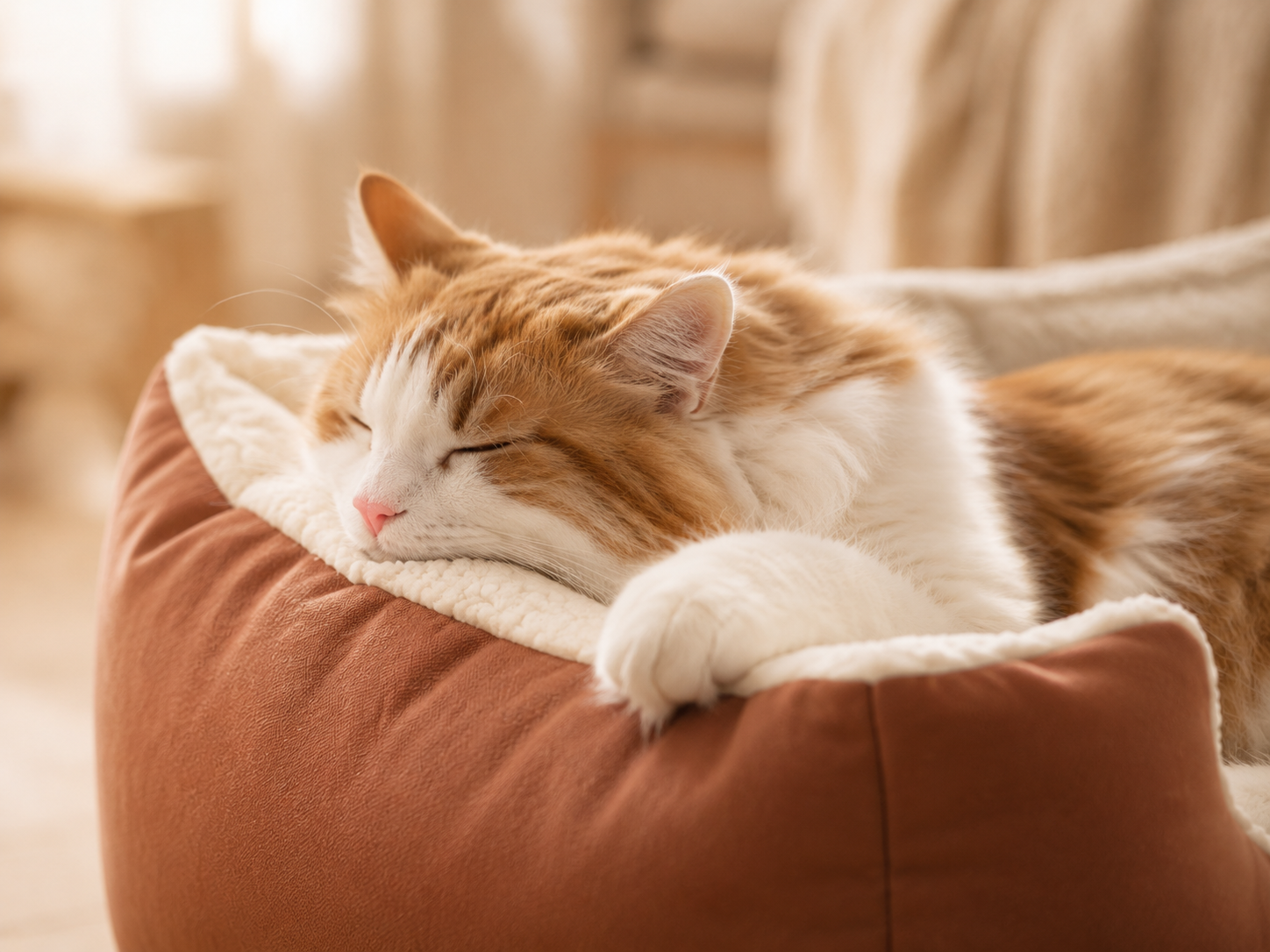 Ginger and white cat resting against the soft lining of a warm brown plush cat bed