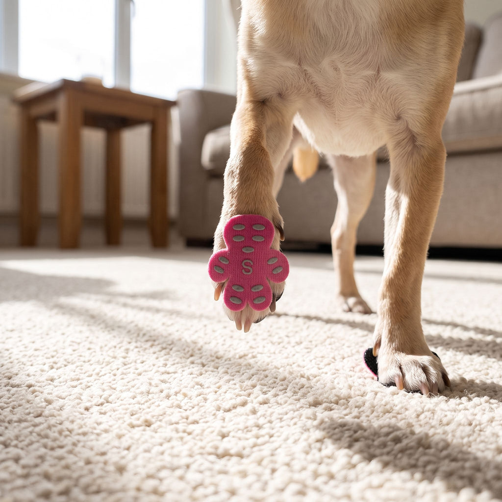 Small dog with anti-slip pads on paws on plush carpet in cozy home setting.