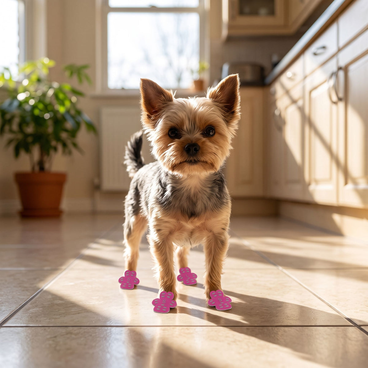 Small dog with anti-slip pads confidently standing on a bright tile kitchen floor.