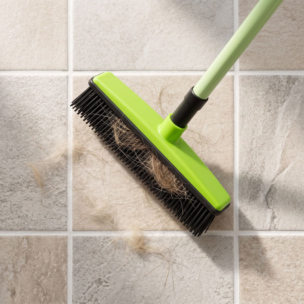 Top-down view of pet hair removal broom mop on tiled bathroom floor with pet fur collected and natural daylight.