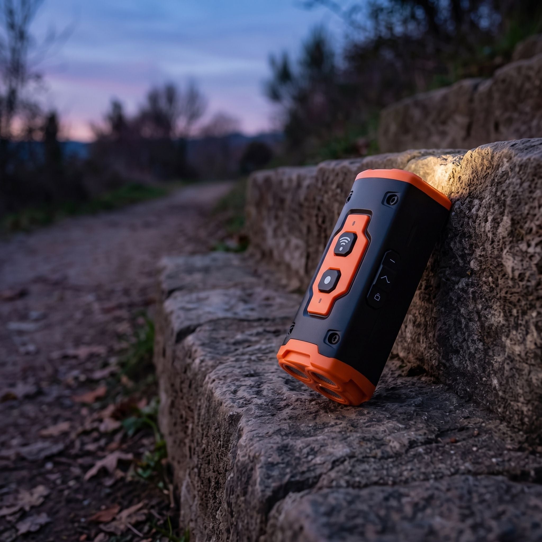 Device resting against stone surface on outdoor trail at dusk with glowing flashlight, showcasing its slim profile and outdoor use.