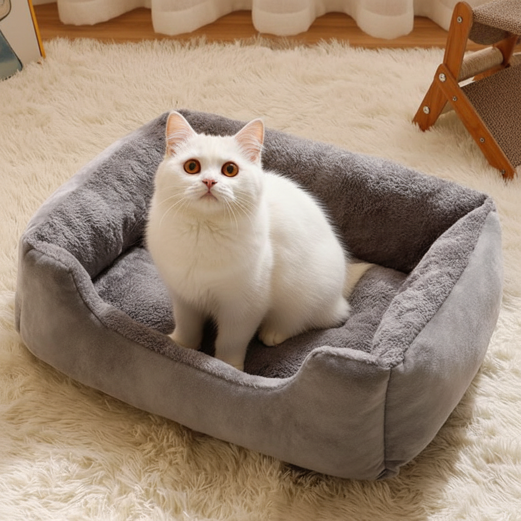 Warm Cat Bed grå - vit katt tittar upp