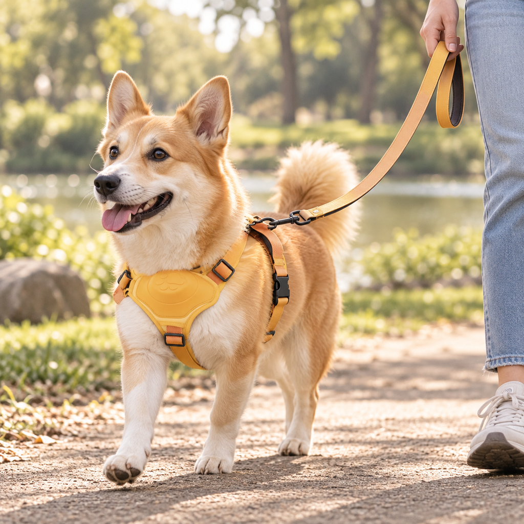Dog wearing the yellow-orange adjustable harness with matching leash in a park